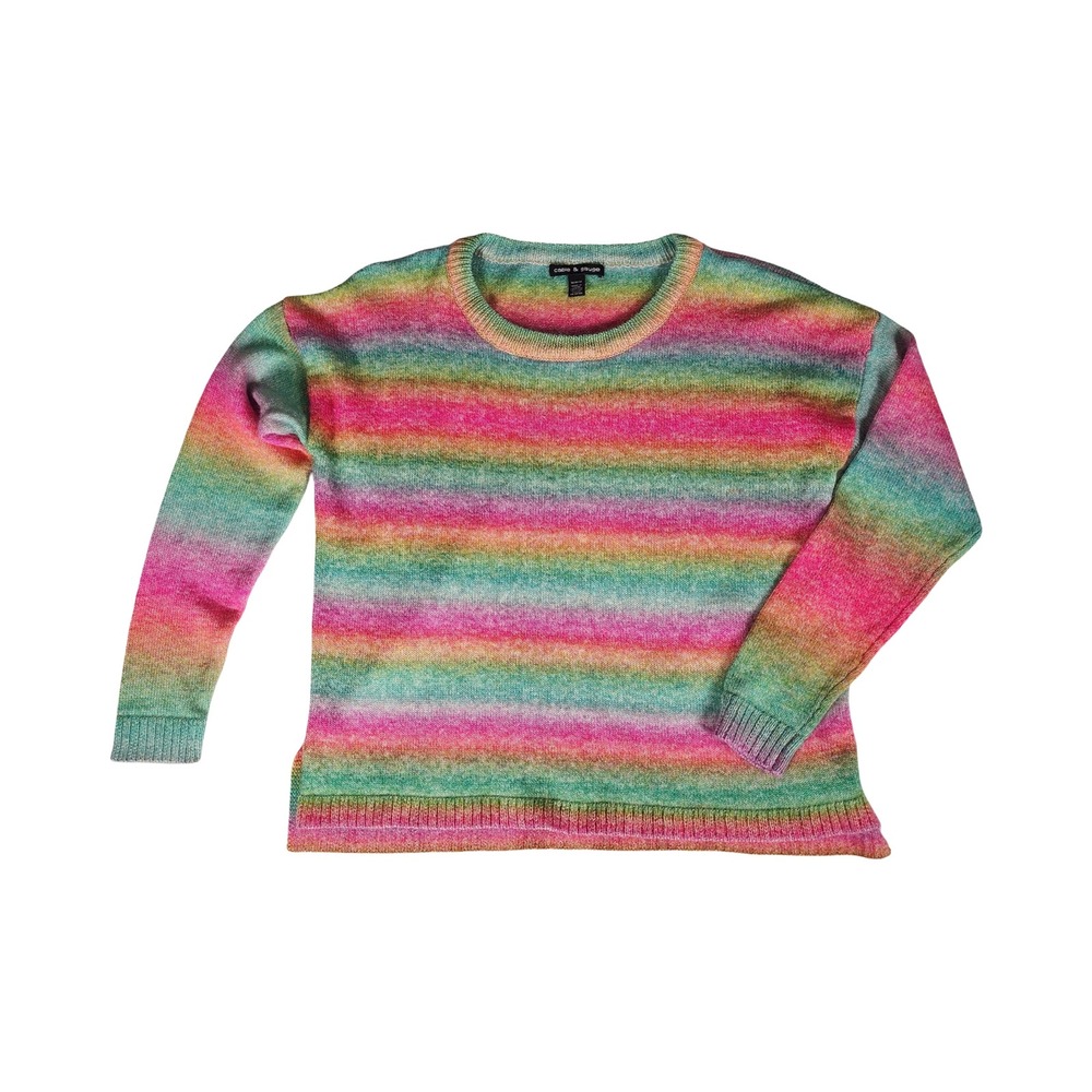 Cable & Gauge‎ Rainbow Striped Space Dye Crewneck Sweater Womens Medium Multi